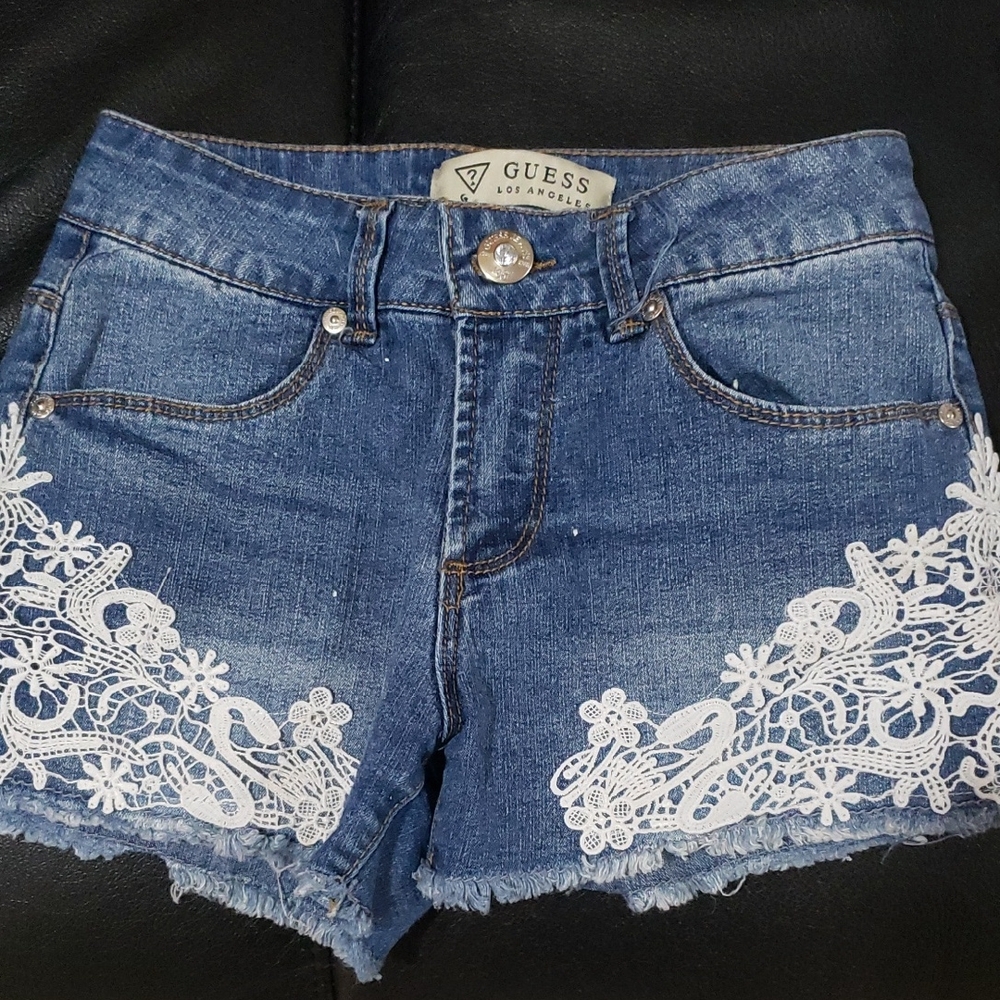 Guess Blue Jean Shorts with White Lace Detail